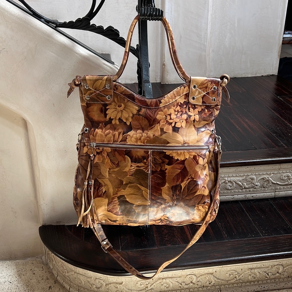 Hand Painted One of a Kind Leather Handbag from Argentina - Floral Print Brown